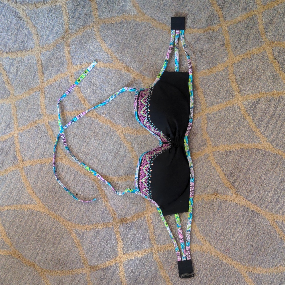 Victoria's Secret Boho Embroidery Black Strappy Bandeau swim top, 32DD